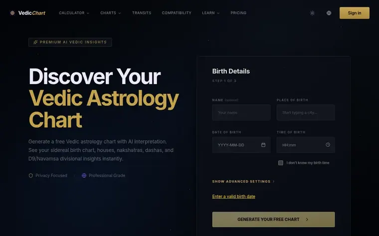 Screenshot of the Vedic Astrology Chart homepage