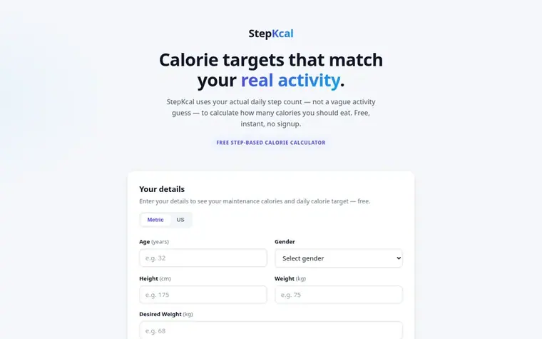 Screenshot of the StepKcal homepage