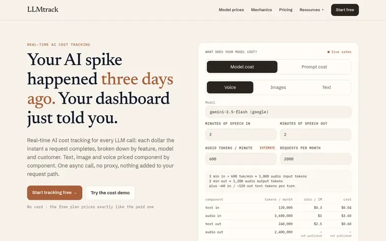 Screenshot of the LLMtrack homepage