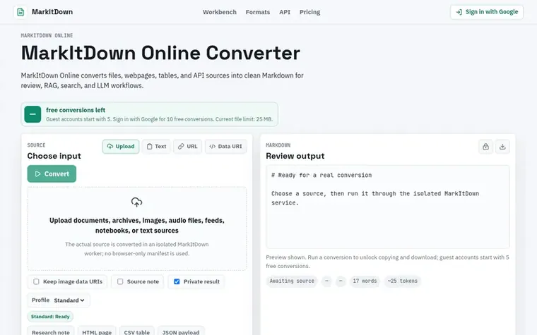 Screenshot of the MarkItDown Online homepage