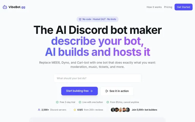Screenshot of the VibeBot homepage