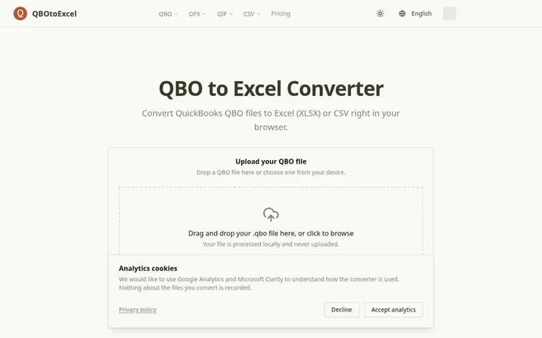 Screenshot of the QBO to Excel Converter homepage