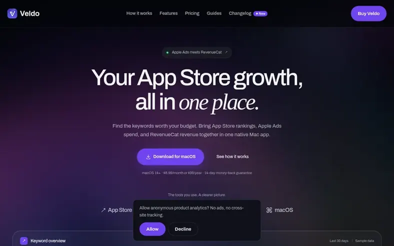 Screenshot of the Veldo homepage