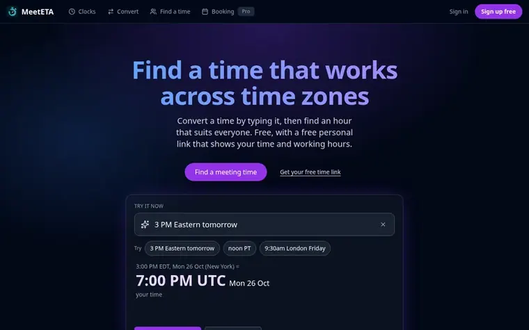 Screenshot of the MeetETA homepage