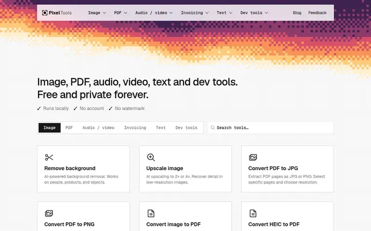 Screenshot of the PixelTools homepage