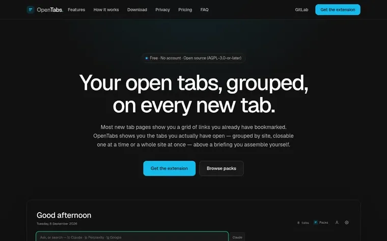 Screenshot of the OpenTabs homepage