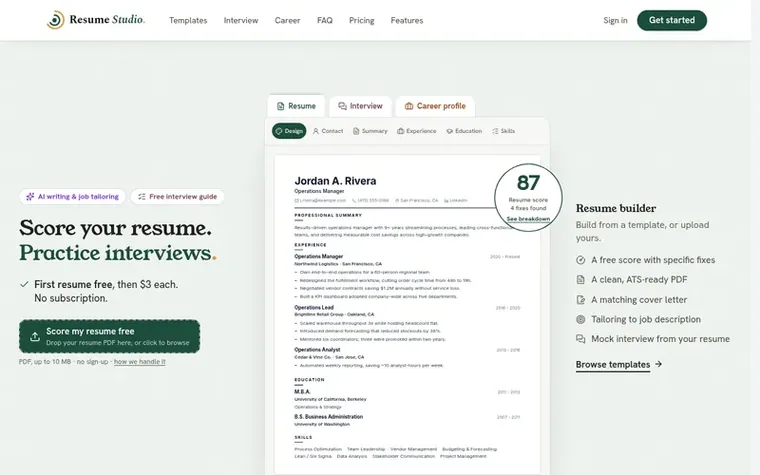 Screenshot of the Resume Studio homepage