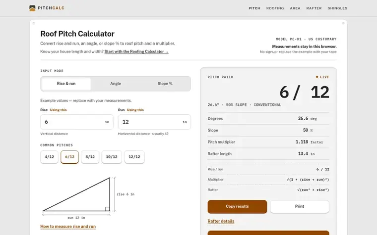 Screenshot of the PitchCalc homepage