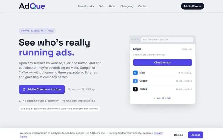 Screenshot of the AdQue homepage