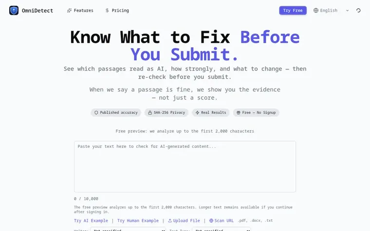Screenshot of the OmniDetect homepage