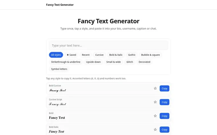 Screenshot of the Fancy Text Generator homepage