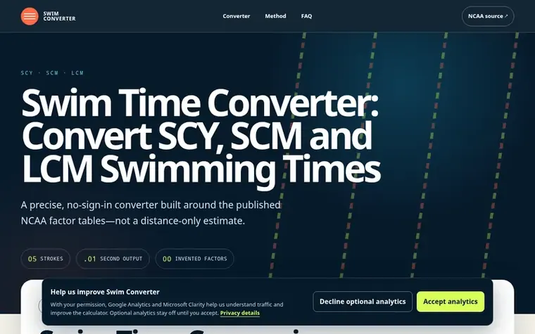 Screenshot of the Swim Converter homepage