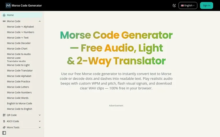 Screenshot of the Morse Code Generator homepage