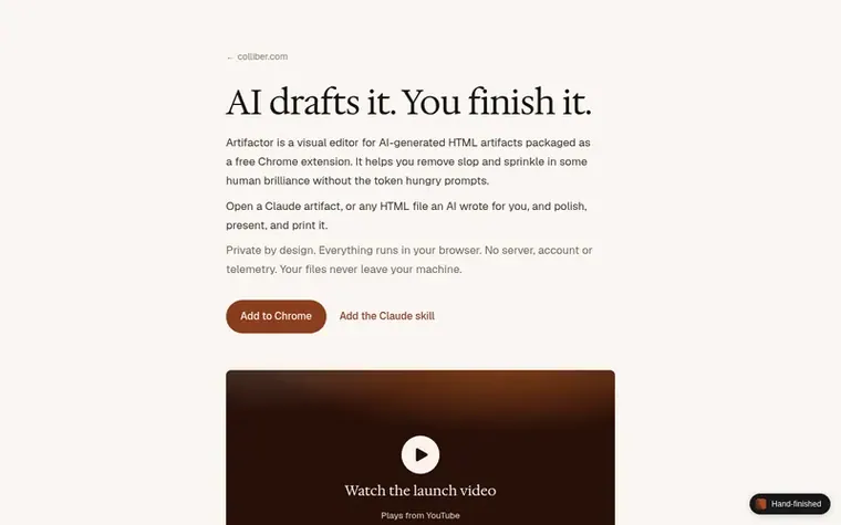 Screenshot of the Artifactor homepage