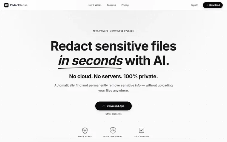 Screenshot of the RedactSense homepage