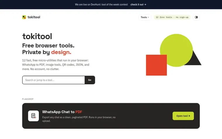 Screenshot of the Tokitool homepage