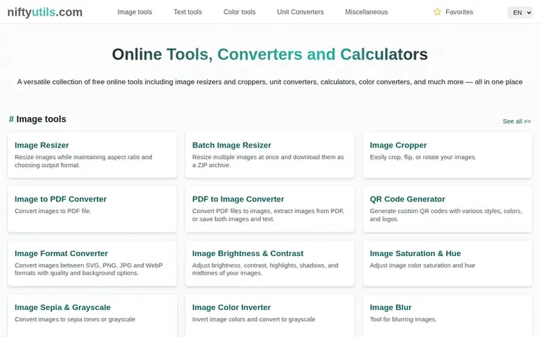 Screenshot of the NiftyUtils homepage