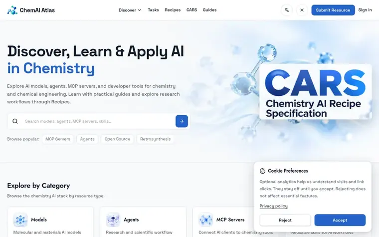 Screenshot of the ChemAI Atlas homepage