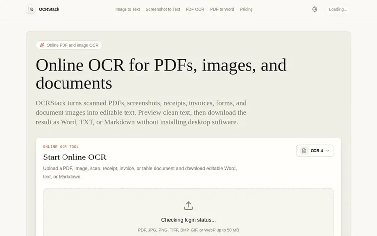 Screenshot of the OCRStack homepage