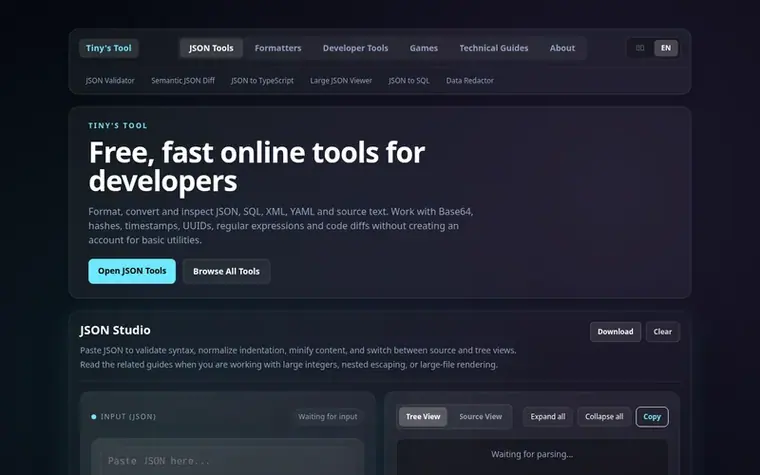 Screenshot of the Tiny's Tool homepage