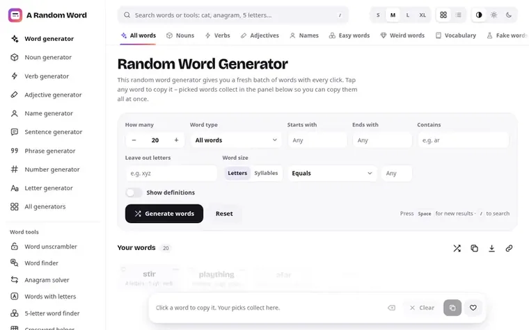 Screenshot of the A Random Word homepage