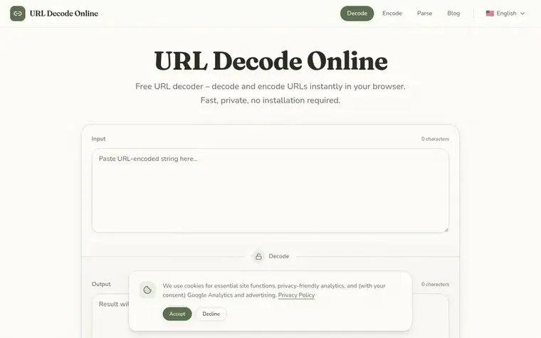 Screenshot of the URL Decode Online homepage