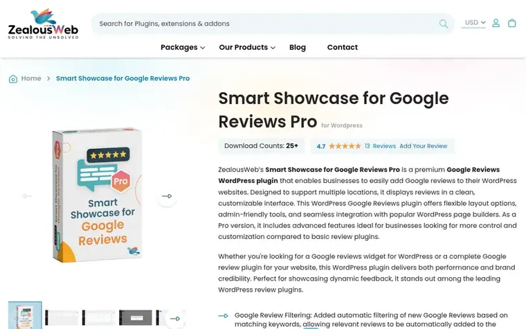 Screenshot of the Smart Showcase for Google Reviews Pro homepage