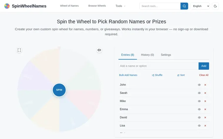 Screenshot of the Spin Wheel Names homepage