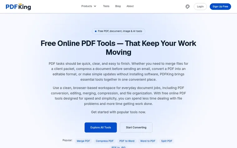 Screenshot of the PDFKing homepage