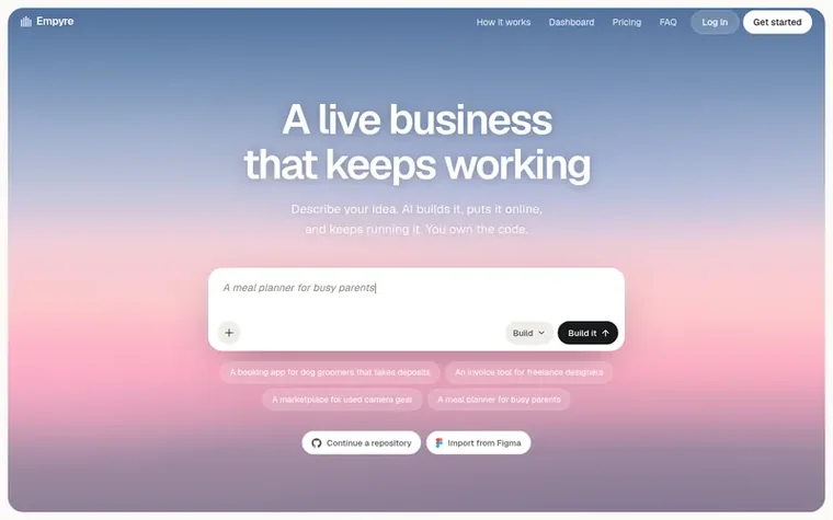 Screenshot of the Empyre homepage