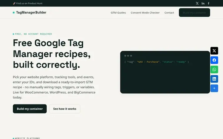 Screenshot of the TagManagerBuilder homepage