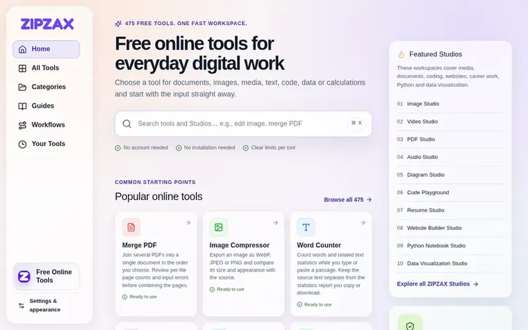 Screenshot of the ZIPZAX homepage